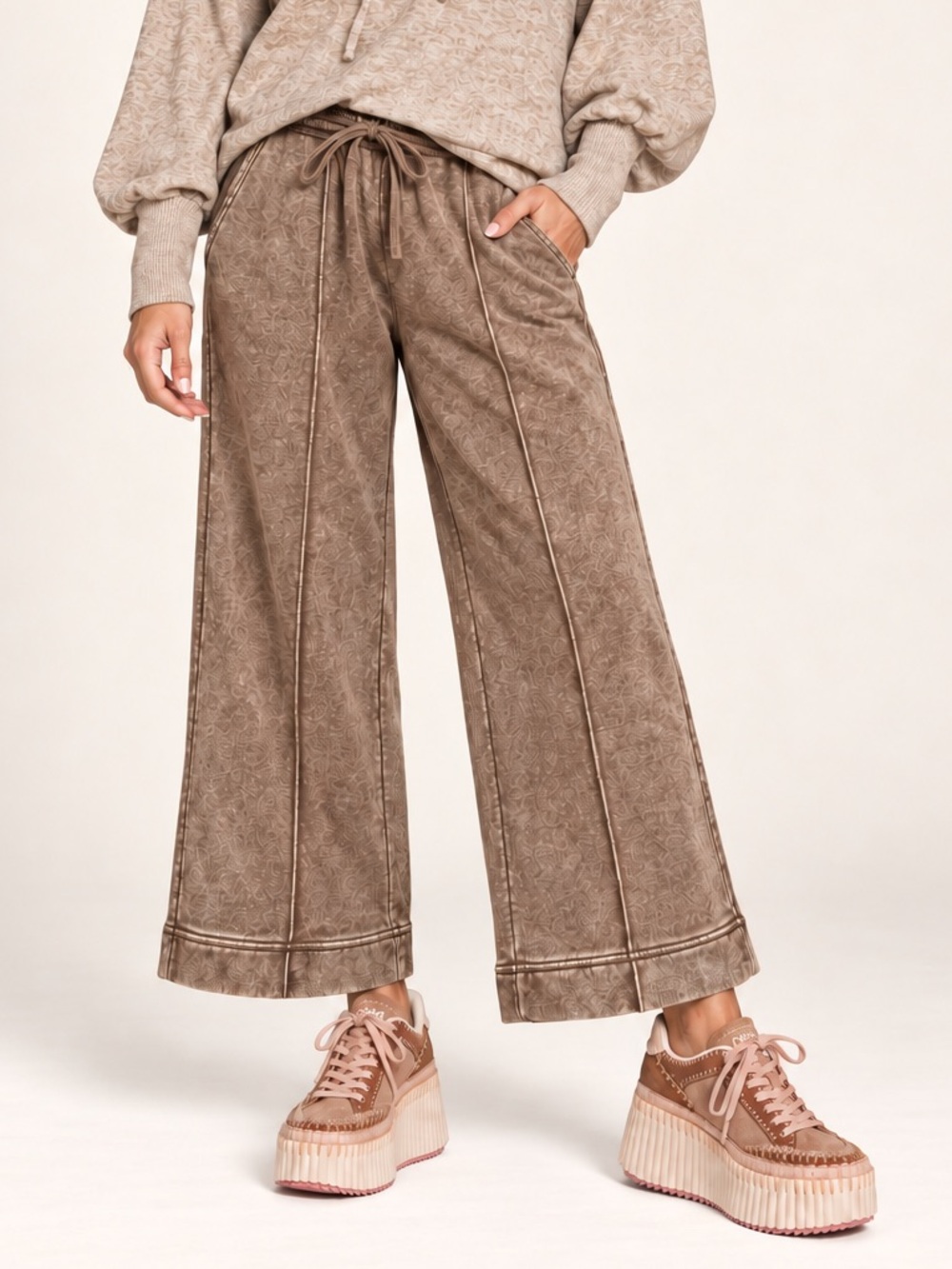 Zenana Mocha Acid Wash Fleece Pintuck Wide-Leg Cropped Pants